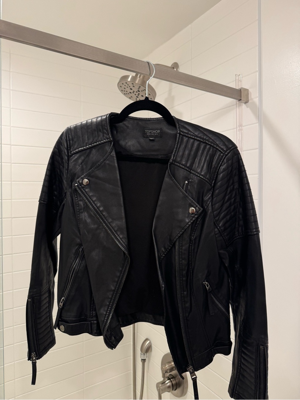 Topshop Black Quilted Faux Leather Moto Jacket with Zip Details